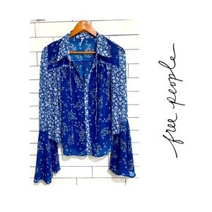 Free People Blue Boho Floral Top M